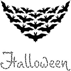 Cute background Halloween pattern with many bats isolated on the white (transparent) fond. With word 'Halloween' and space for invitations or different events cards text. Vector illustration 