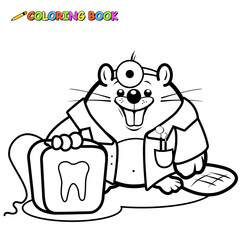 Cartoon beaver dentist holding a dental floss. Vector black and white coloring page. 