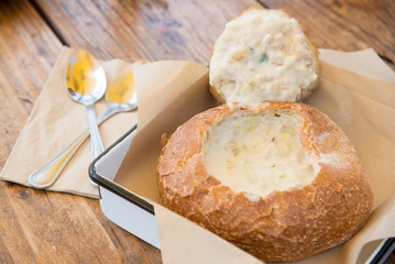 clam chowder in sour bread bowl