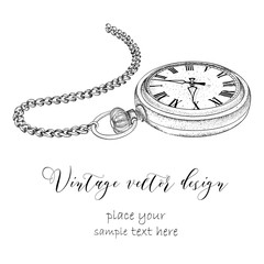Hand drawn vintage postcard. A pocket watch on a chain and flowers. Vector illustration