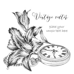 Hand drawi vintage postcard. A pocket watch on a chain and flowers. Vector illustration