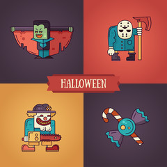 Halloween characters line flat design modern icons set