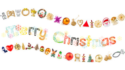 christmas greeting card  / Christmas decorations with funny Merry Christmas text forming a wave on white background with multicolor snow flakes