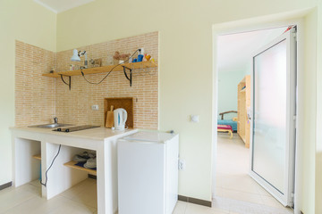 Interior of a kitchen in a hostel