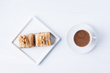 Walnut baklava and Turkish coffee