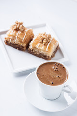 Walnut baklava and Turkish coffee