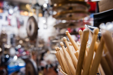 Drum sticks close up in drum store