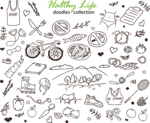 Hand-drawn collection of the healthy life doodles objects: bicycle, fruits and water, rollers, food, weight, nature and fresh air etc. Line art icons.