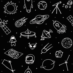 Doodle seamless black pattern with different astronomy objects: planets, rockets, satellite, space, science objects etc. Line art.