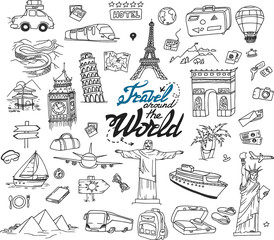 Hand drawn collection of the travel doodles. Different places, buildings and sights: Eiffel Tower, Big Ben, Jesus statue and other.