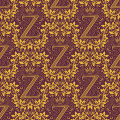 Damask seamless pattern repeating background. Golden purple floral ornament with Z letter and crown in baroque style. Antique golden repeatable wallpaper.