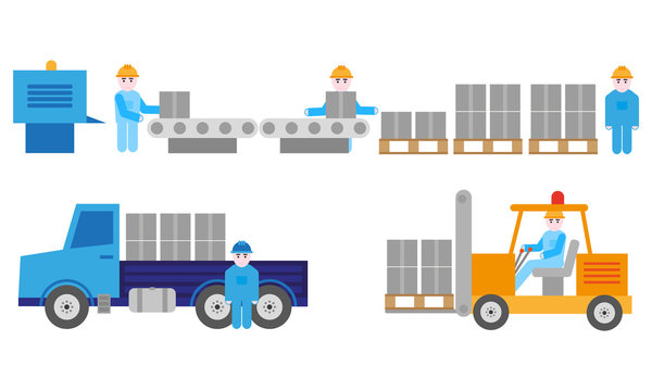 Manufactory process, production and transport, vector graphic