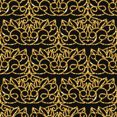 Seamless damask pattern with golden glitter.