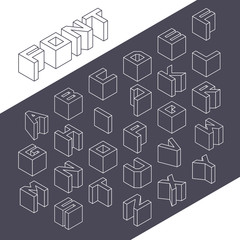 Isometric 3d type font set. Vector illustration in line style
