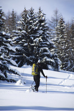 homme qui marche dans la forêt dans la neige avec un sac à dos