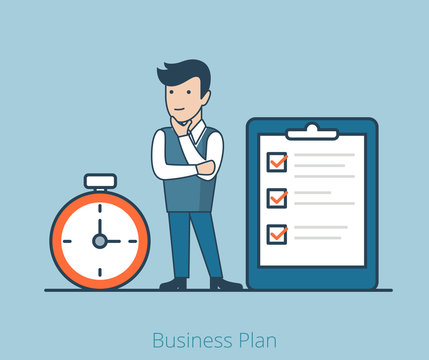 Business plan Linear Flat man task checklist stopwatch vector