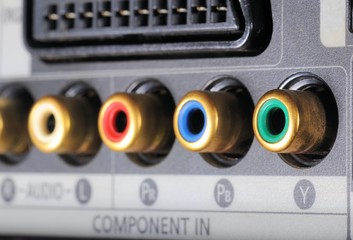 Close-up view on a digital video recorder on the part connectors. Video audio input.  Selective focus.