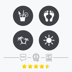 Beach holidays icons. Cocktail, human footprints