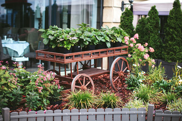 outdoor garden décor, wooden cart with flowers