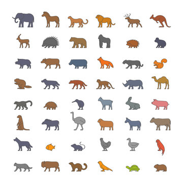 Vector flat set of silhouettes of farm and wild animals