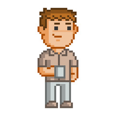 Fototapeta premium Pixel smiling man with cup of coffee.