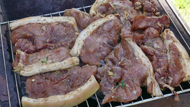 Close up of Raw Pork Meat Steak on Barbecue Grill