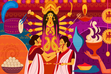 Obraz na płótnie Canvas Happy Durga Puja festival background kitsch art India