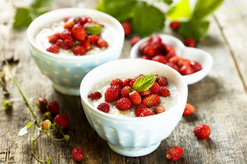 Rice pudding or Milchreis with wild strawberry