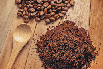 Coffee Residue and Coffee been,Spoon on wooden background