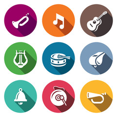 Vector Set of Musical Instruments Icons. Trumpet, Note, Guitar, Harp, Drum, Whistle, Bell, Gong, Bugle.