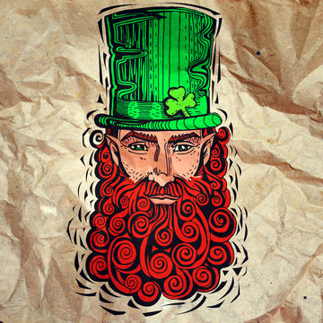 Leprechaun with  red beard, portrait on paper