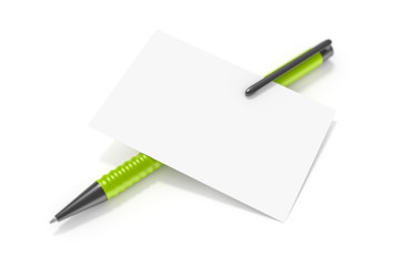 a blank business card and a green ball pen
