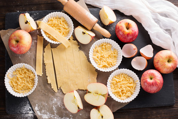 Baking apple pie ingredients with fresh apples, top view