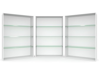 Empty showcase with glass shelves on white isolated background