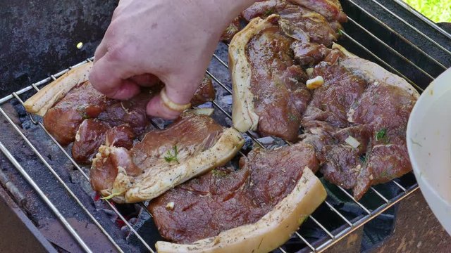 Hand Arranging Raw Pork Meat Steak on Barbecue Grill
