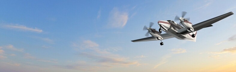 popular propeller light aircraft flight in the panorama sky  - obrazy, fototapety, plakaty