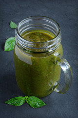 Healthy eating, green smoothie with basil