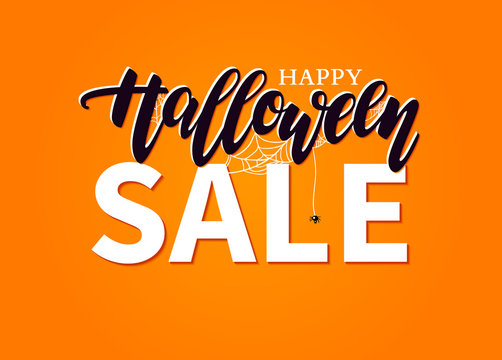 Halloween Sale vector banner with lettering, spider and web. Gre