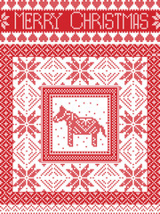 Merry Christmas Scandinavian style, inspired by Norwegian Christmas, festive winter seamless pattern in cross stitch with Swedish Dala horse, snowflakes and decorative ornaments in red, white