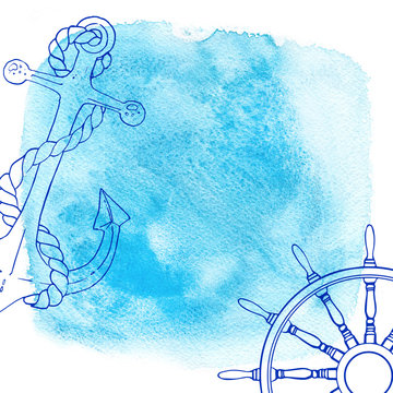Watercolor abstract background in marine style. Drawing the line on the spot of blue paint. Blue background, outlined with a steering wheel. Anchor line drawn