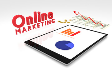 3D rendering : online marketing concept, computer tablet with a bar graph on screen and dollars money with red arrow grow up,text online marketing,illustration