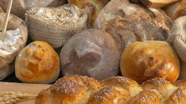 Artisanal bakery: Assorted breads panning view. Bread made by a craftsperson using mainly traditional techniques.
