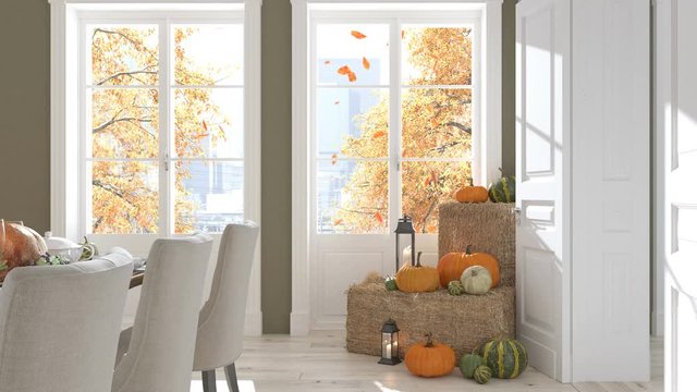 view at the window with fallen leaves from a autumn decor apartment. 3D rendering. thanksgiving concept. 4k