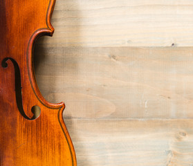 close up violin on wooden floor background with copy space, top view
