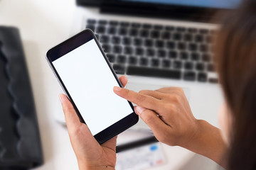 woman holding empty screen of smart phone.