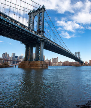Manhattan Bridge spanning the East river, view from Brooklyn
