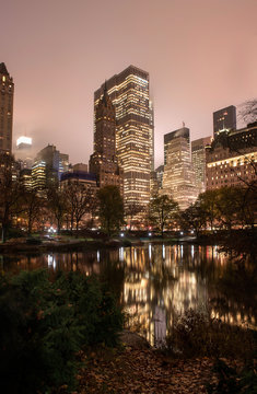 Manhattan skyline from Central Park by night, New York, USA