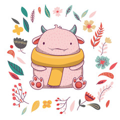 Cute fluffy monster with horns.