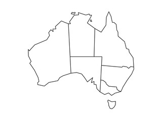 Blind map of Australia divided into states and territories. White flat map with black borders on white background. - obrazy, fototapety, plakaty