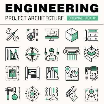 Modern engineering construction big pack. Thin line icons archit
